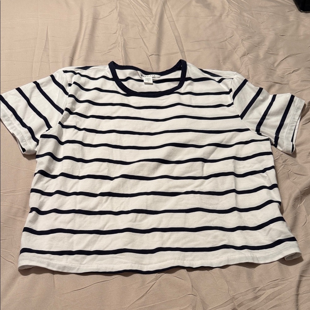 Athleta White and Navy Striped Short Sleeve Tee